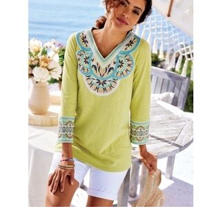 Soft Surroundings Boho Embroidered Sunrise Tunic Top in Lime